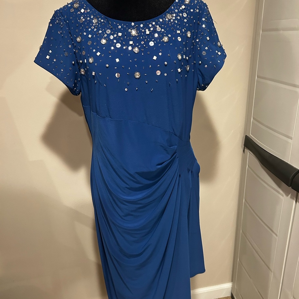 Alex Evenings Blue Ruched Embellished Midi Dress
